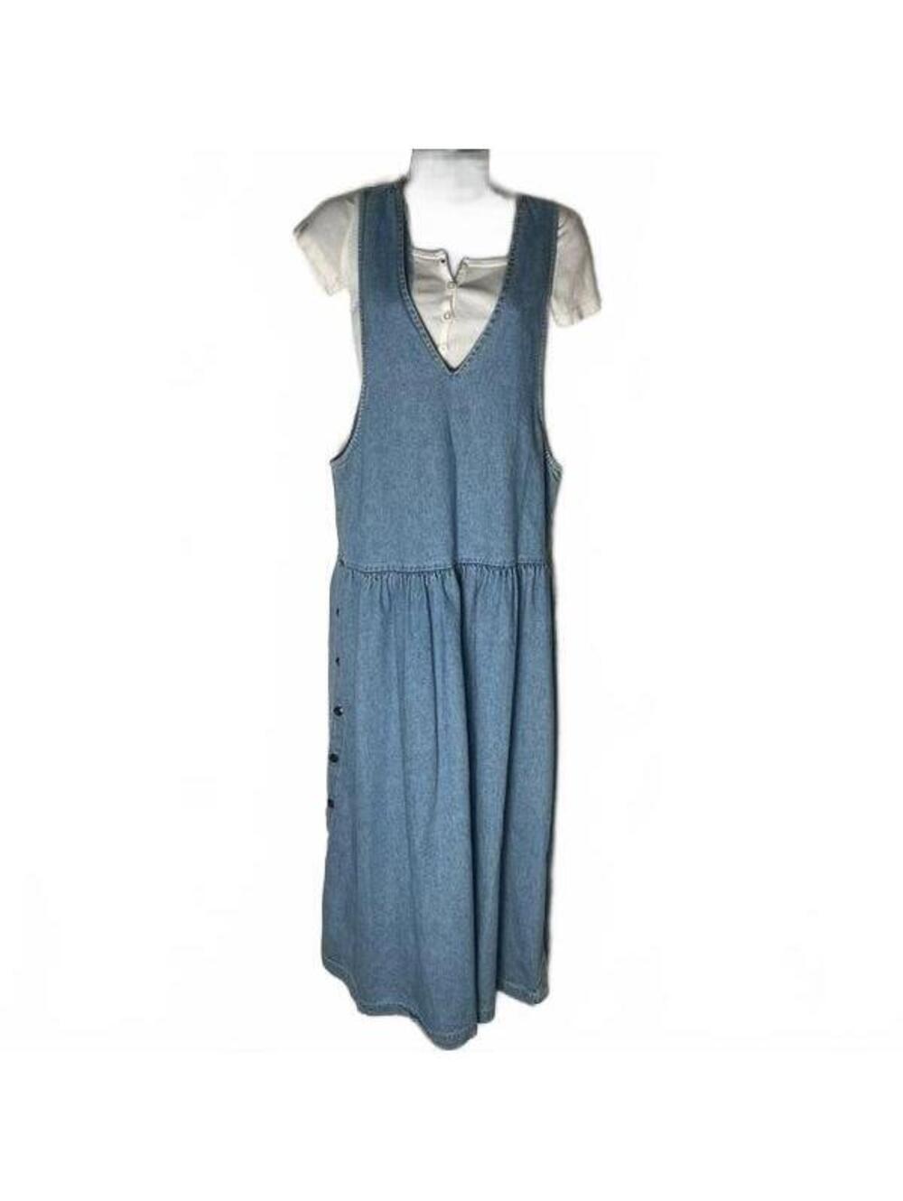 Vtg 80s Cottagecore Apron Bib Cotton Modest Plunge Drop Waist Denim Dress M